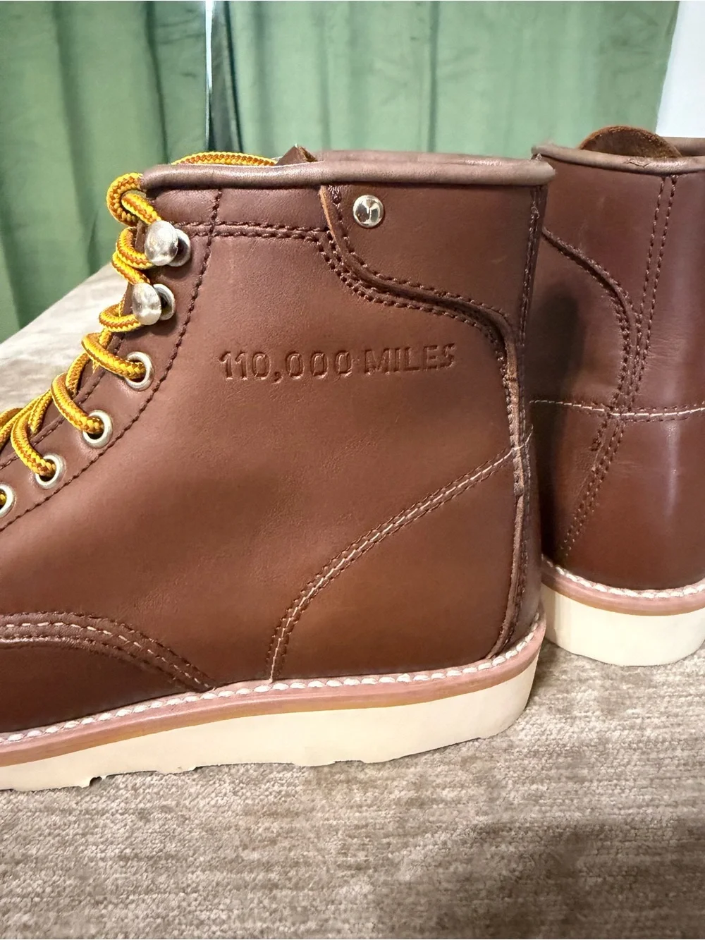 Men's Brown Leather Moc Toe Work Boots with Yellow Laces